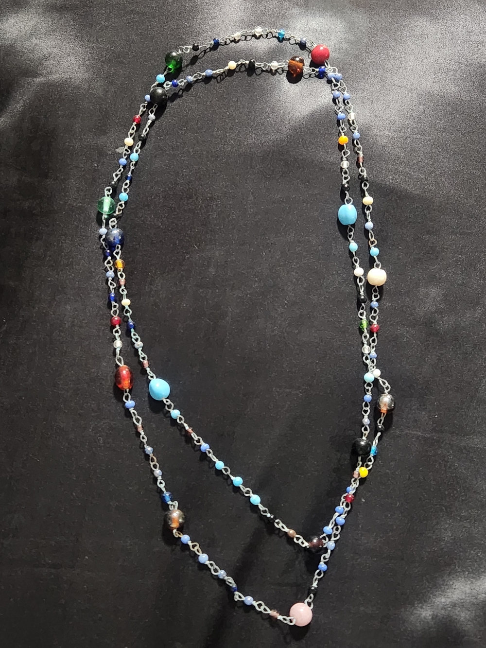 Vintage Multi Color Art Glass Bead Wire Wrapped Rosary Chain Station Necklace